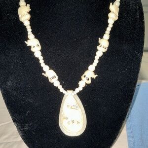 VINTAGE PAIR- BONE 20" TRUNK UP CARVED ELEPHANT NECKLACE & BONUS BROOCH